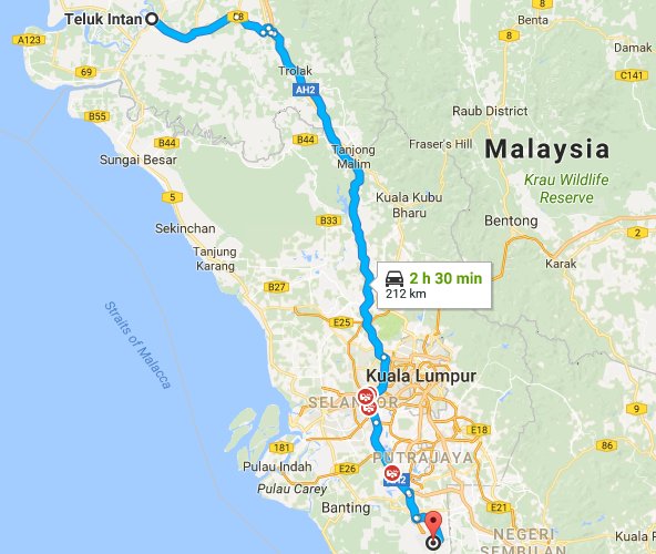 Route map from Teluk Intan to klia2