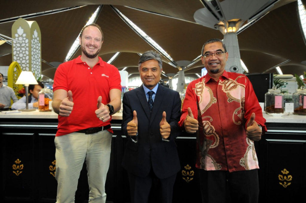 Thumbs up to a tripartite collaboration: (from left, Boost CEO Christopher Tiffin, MAHB Senior General Manager, Commercial Services Mohammad Nazli Abdul Aziz and DDEC CEO Abdul Rahman Mohd Saad