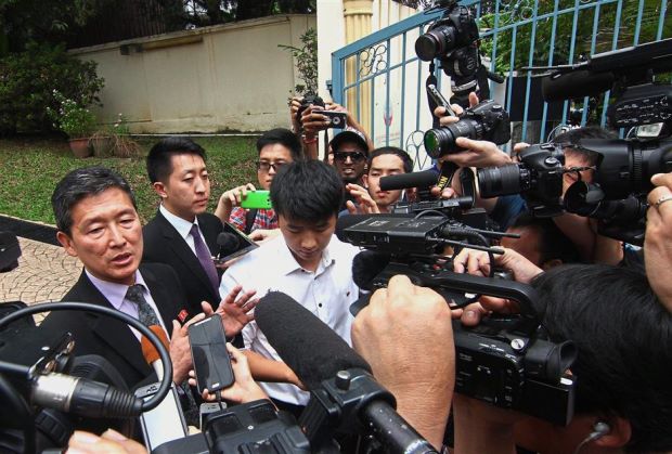 Explaining the situation: Ri (left)addressing the media at the North Korean Embassy in Jalan Batai, Damansara. - RAYMOND OOI/The Star