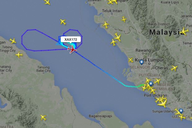 A FlightRadar image showing the plane's route over the Malacca Straits