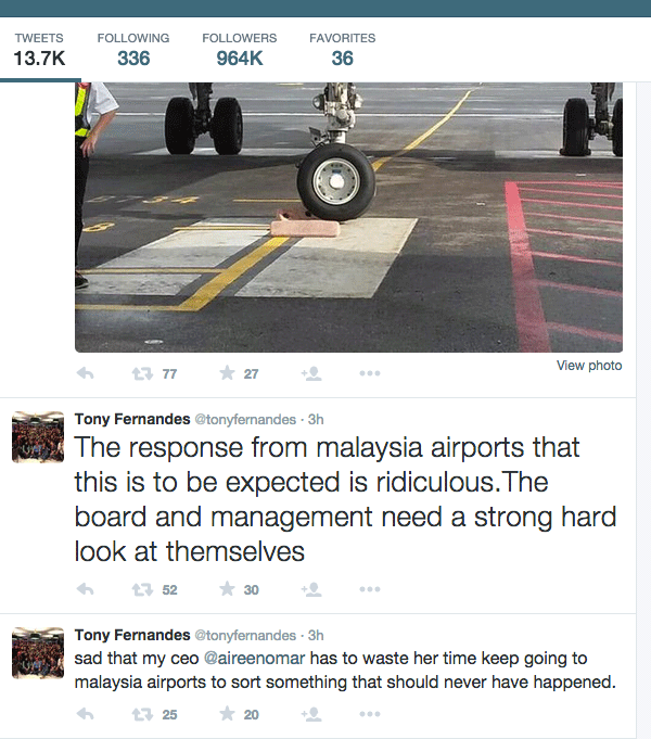 AirAsia group chief executive officer Tony Fernandes says Malaysia Airports Holdings Berhad (MAHB) must take responsibility for sinking areas at the klia2 budget terminal. ?Twitter screenshot, July 27, 2015.