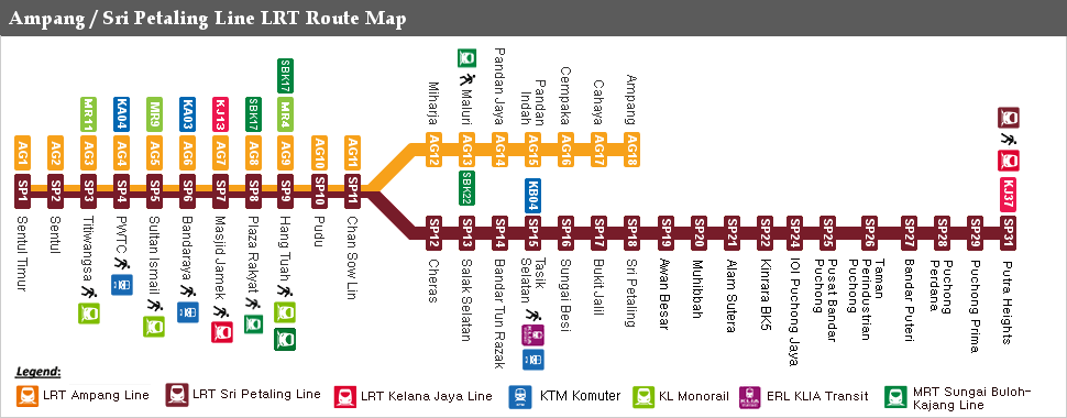 Ampang / Sri Petaling Line LRT route map