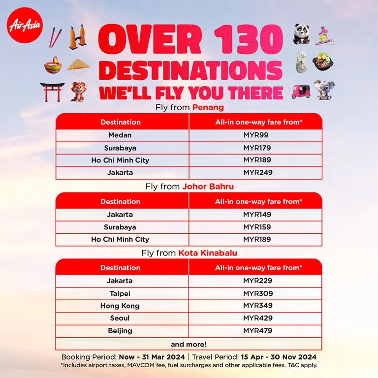 International flights from Penang, Johor Bahru, and Kota Kinabalu