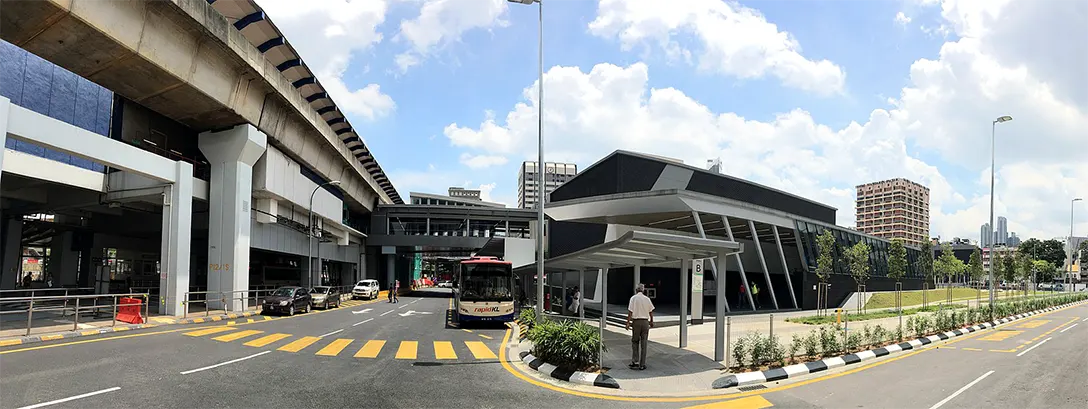 Panoramic view of the Pasar Seni LRT Station on the left, entrance to the MRT station in the middle, and the road to Jalan Tun H.S. Lee at right