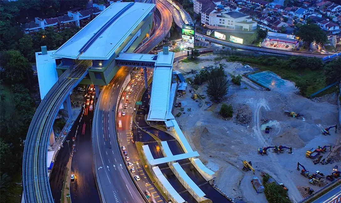 Aerial view of Pusat Bandar Damansara MRT station in the evening