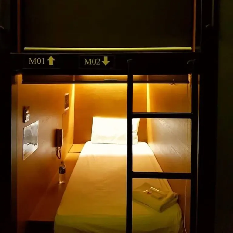 air-conditioned pod fitted with comfortable bed and individual locker