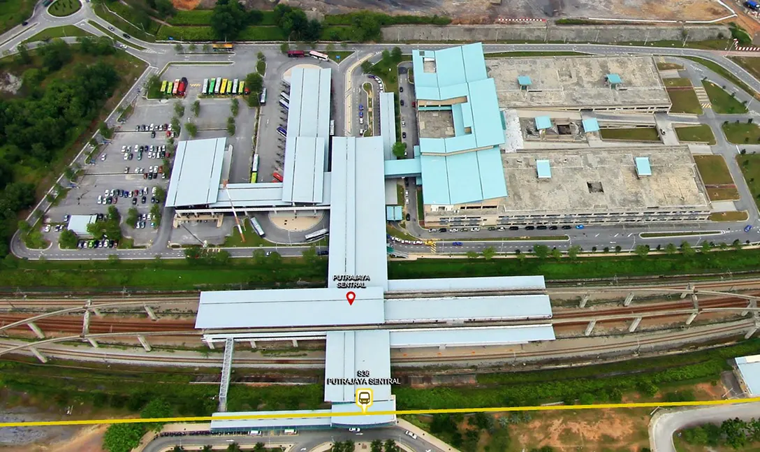 Aerial view of the Putrajaya Sentral MRT station and its connection to the Putrajaya Sentral