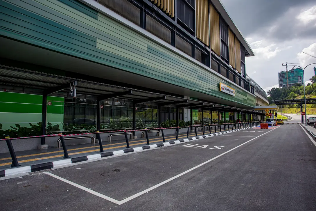 Covered walkway and drop-off/pick-up passengers area for bus and taxi completed at the Taman Naga Emas MRT Station.