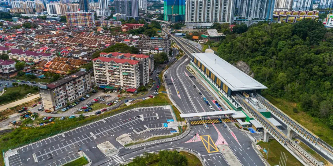 Aerial view of the Taman Naga Emas MRT station and the Park and Ride facility
