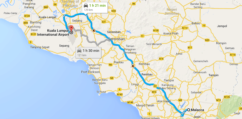 Route map from klia2 to Melaka