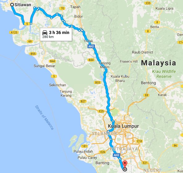 Route map from Sitiawan to klia2