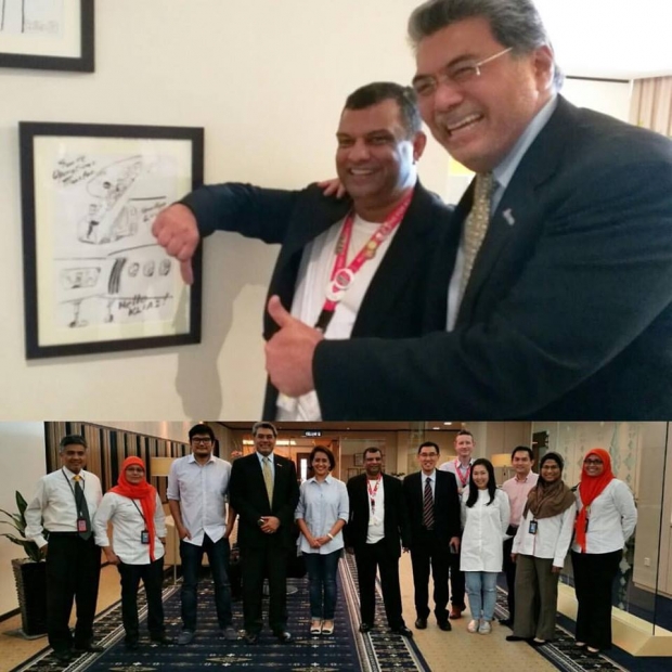 Tan Sri Tony Fernandes (top, left) has decided to bury his 15-year feud with Malaysia Airports Holdings Berhad when he visited its head office here today. ?Screen capture from Facebook/Tony Fernandes