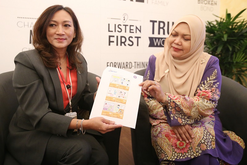 Corporate communications general manager Nik Anis Nik Zakaria (left) and Suradini show the witty poster used to spread awareness on toilet etiquette. - Picture by Azinuddin Ghazali