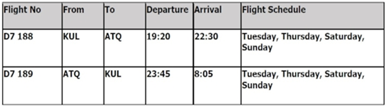 Flight Schedule for Kuala Lumpur, Malaysia (KUL) – Amritsar, India (ATQ)
