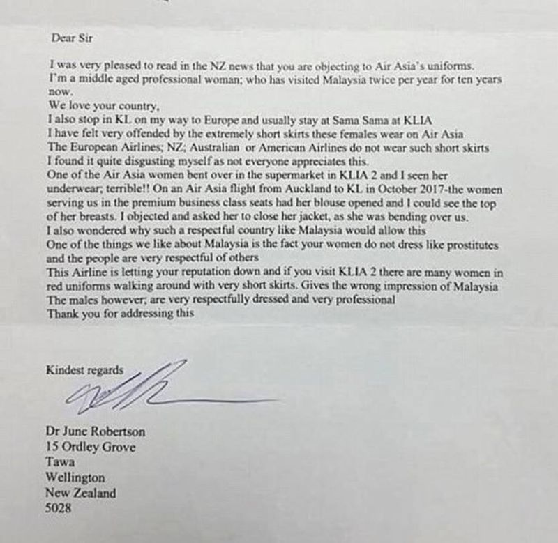 The letter that criticised the short skirt lengths of AirAsia’s flight attendant uniforms. - Facebook pic
