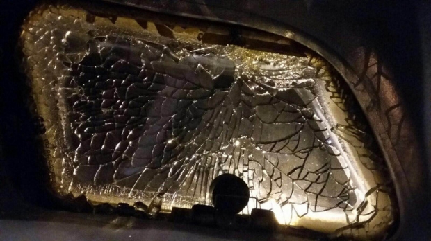 The shattered cockpit window of the Rayani airliner. Picture courtesy of Rayani Airlines CEO Ravi Alagendrran