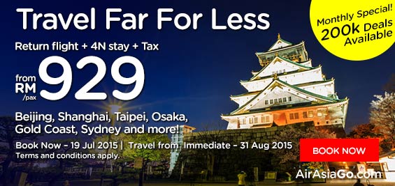 Travel Far For Less, Return flight + 4N Stay + Tax, from RM929/pax. Beijing, Shanghai, Taipei, Osaka, Gold Coast, Sydney and more