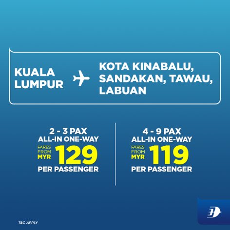 2 - 3 pax, fares from MYR129