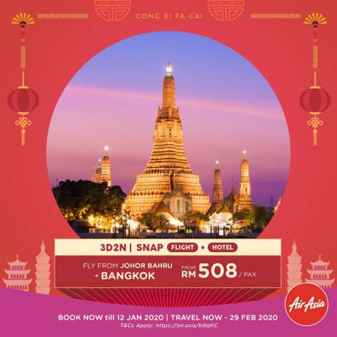 Fly from Johor Bahru to Bangkok, from RM508
