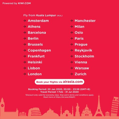 Fly from Kuala Lumpur to 20 destinations across Europe