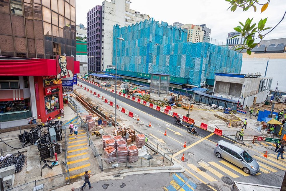 View of the topside of the Bukit Bintang Station with its entrance and ventilation building under construction. (Oct 2016)