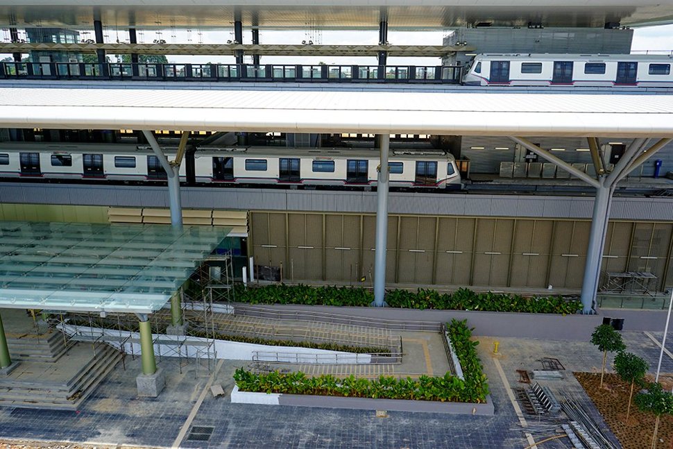 Two MRT trains undergoing test runs at the Kwasa Damansara Station. (Oct 2016)