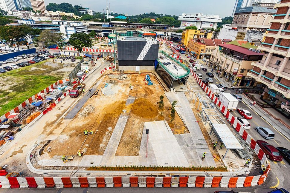 Aerial view of ongoing landscaping works at the Pasar Seni Station site. (Apr 2017)