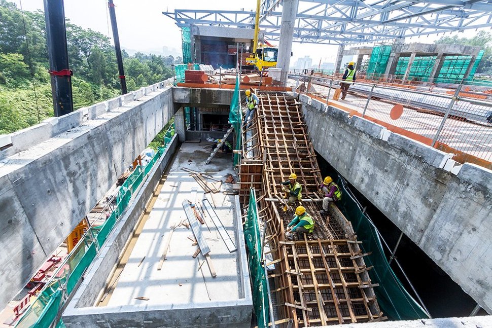 Construction of the staircase is in progress at the Tama Connaught Station from platform level to concourse level. Oct 2015