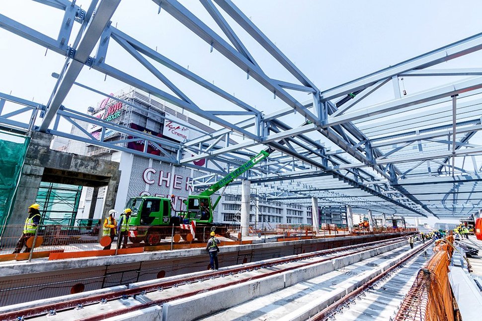 View of the station roof structure being installed at the Taman Connaught Station. Oct 2015