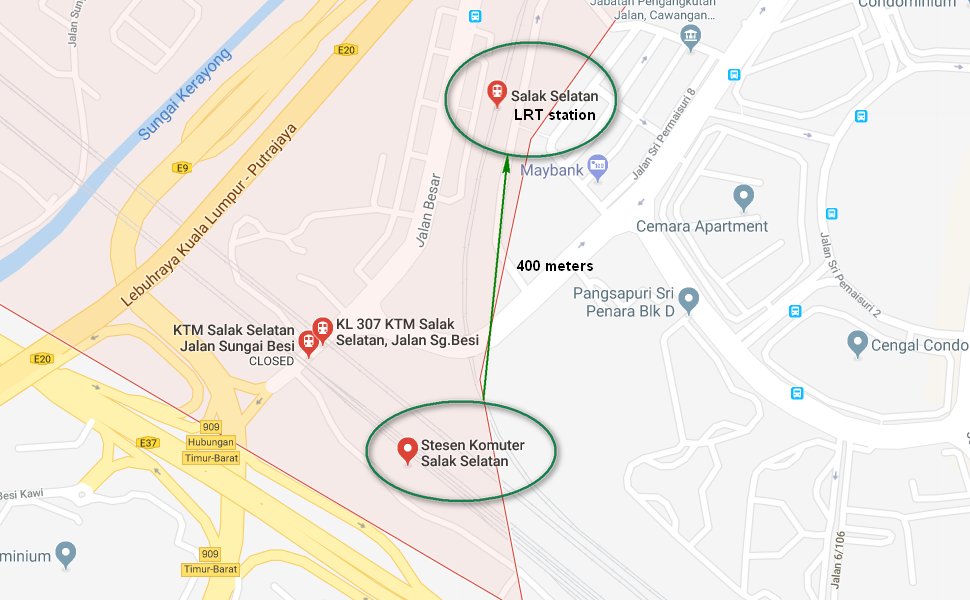 Salak Selatan LRT station is about 400 meters away from the KTM station