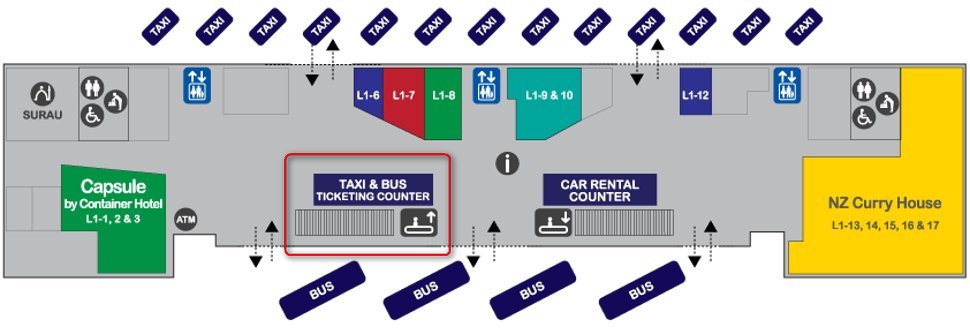 Taxi and bus ticket counters at Transporation Hub
