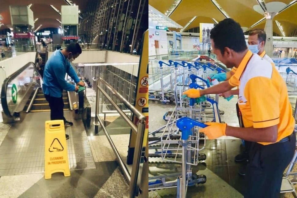 The workers donned protective gear while wiping down surfaces that came into frequent contact with hands at the airport. — Pictures from Facebook/penangkini