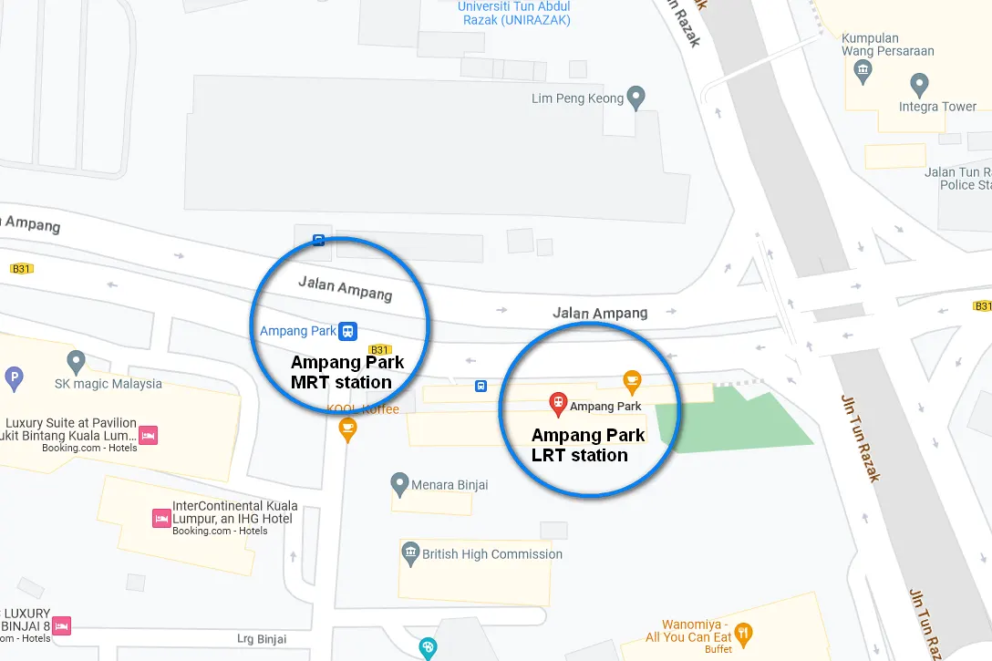 Location of Ampang Park MRT station and Ampang Park LRT station