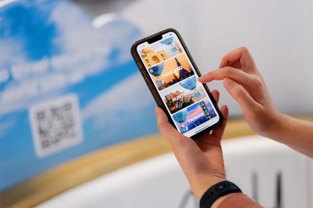 A QR code unlocks a colourful range of virtual filters taking travellers on an augmented journey around the world