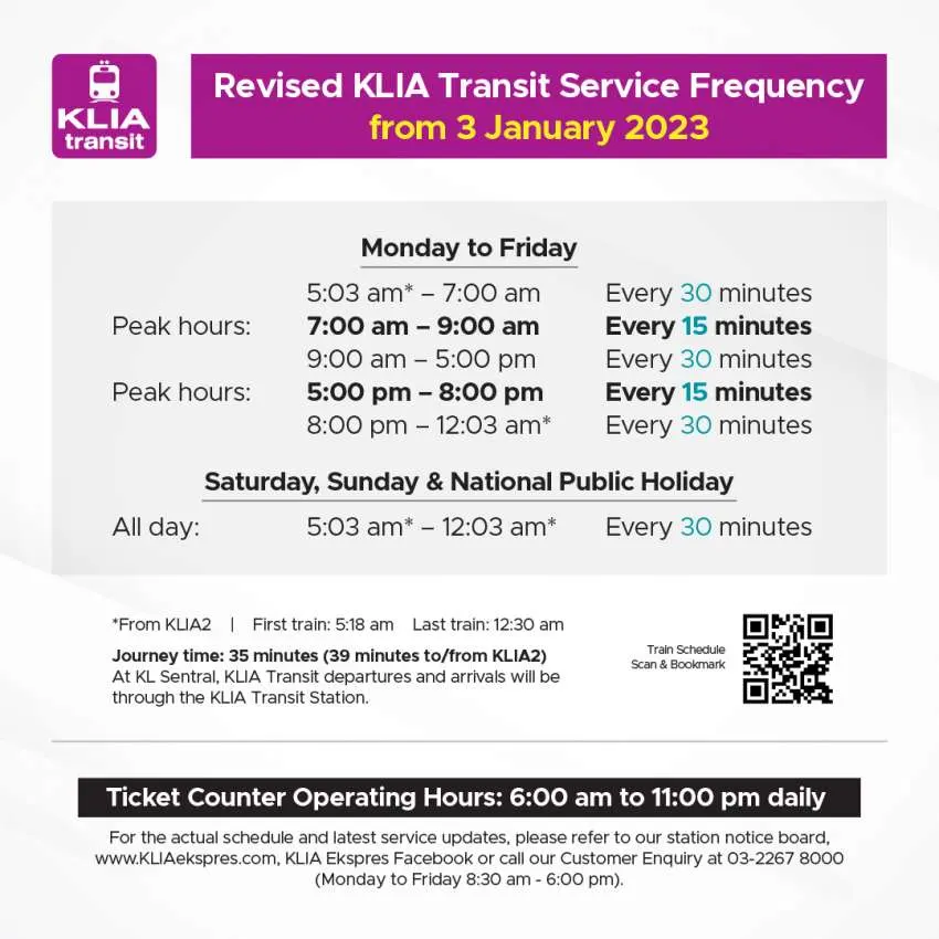 Revised KLIA Transit frequency from 3 Jan 2023