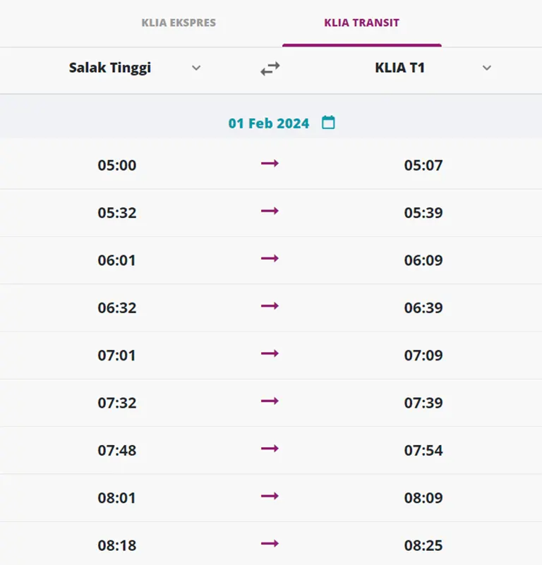 KLIA Transit service schedule
