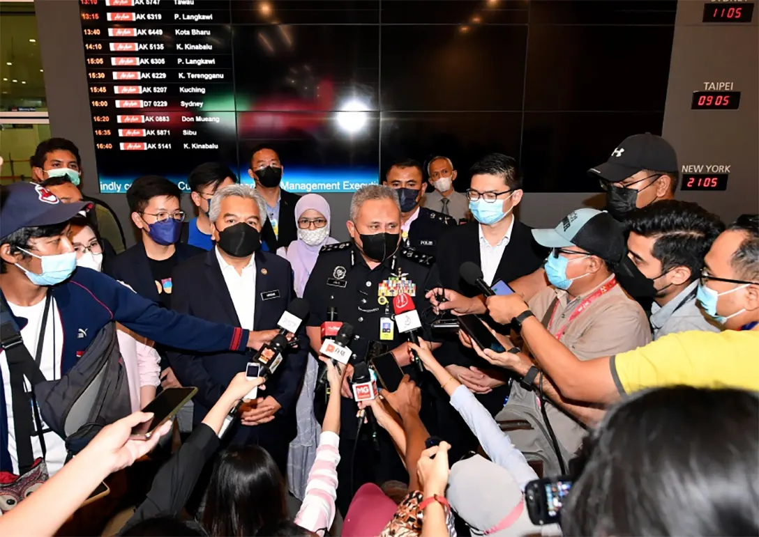 Bukit Aman Criminal Investigations Department director Datuk Seri Abd Jalil Hassan meets the media after the arrival of 12 Malaysian, who were job scam victims in Cambodia, at klia2 today.- BERNAMA Pic