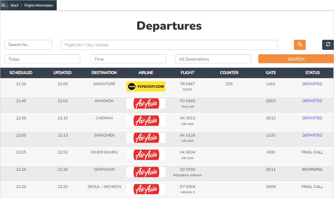 Departures information at klia2