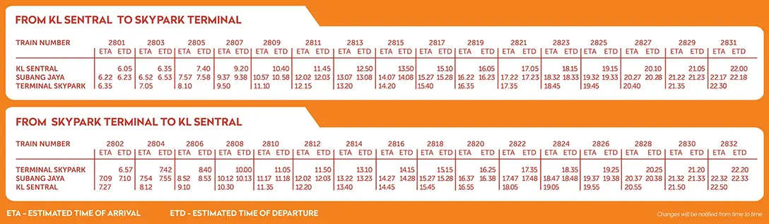 Skypark link schedule and timetable