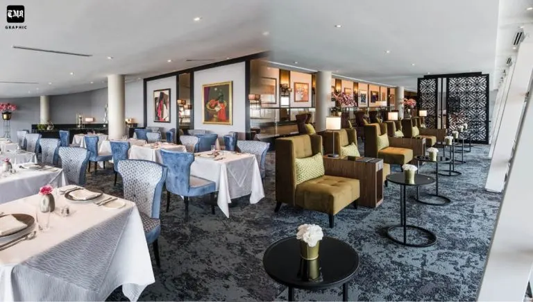Enjoy exclusive fine dining experience at the lounge’s Platinum Gallery (left), then unwind or quietly work at its spacious and comfortable seating area