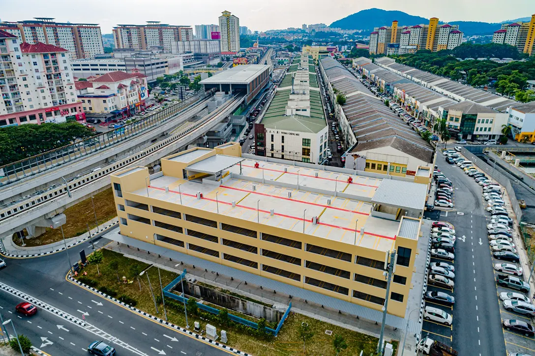 Aerial view of the Multi Storey Park and Ride for Metro Prima MRT Station showing rectification works for defects list in progress
