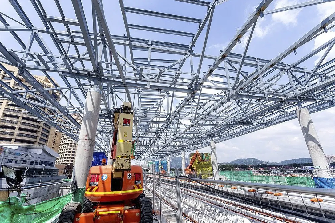 View of the station roof structure being installed at the Bandar Utama Station.