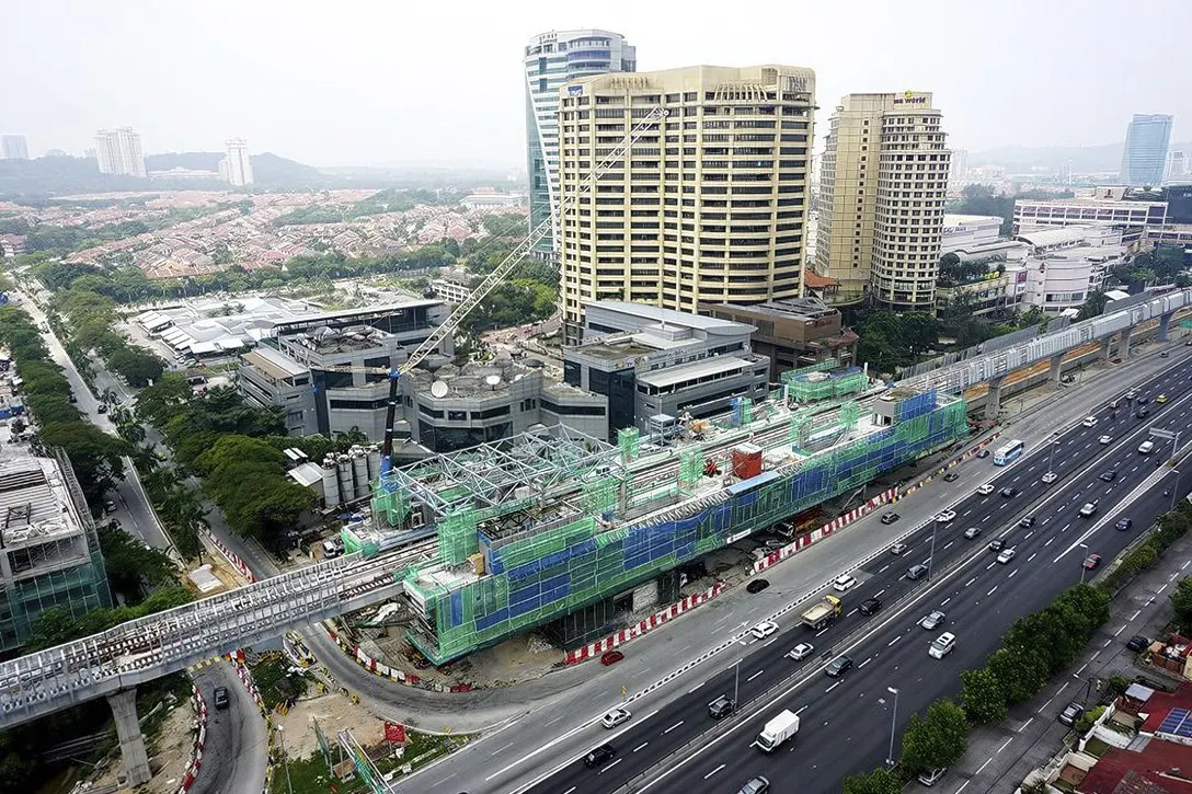 An aerial view of the ongoing construction at the Bandar Utama station.