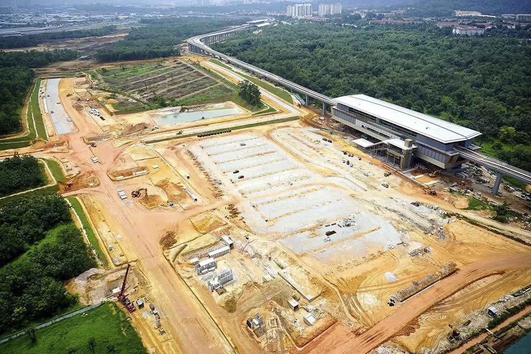 Aerial view of Kwasa Sentral Station site where construction of the at grade parking is in progress.