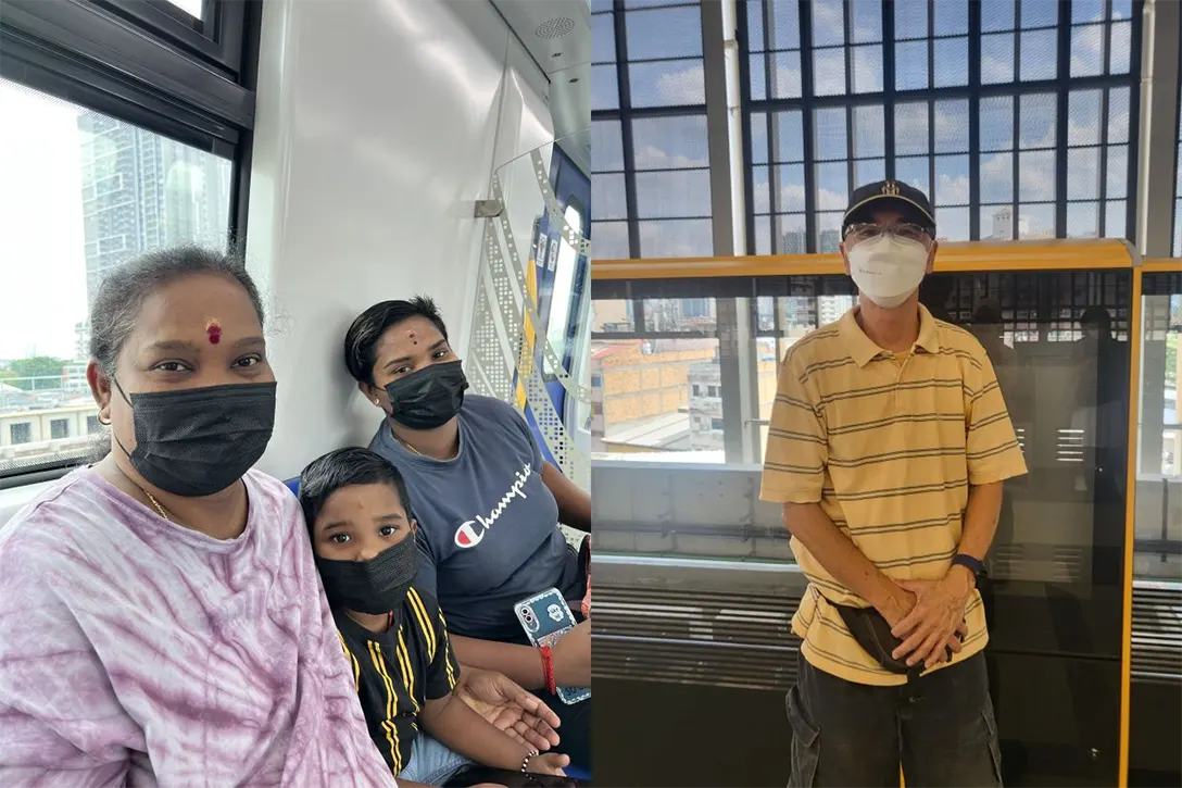 (Left) Puspa Karappiah enjoying the train ride with her children, (right) K.L. Oon waiting to ride the first train at MRT Kampung Batu station.