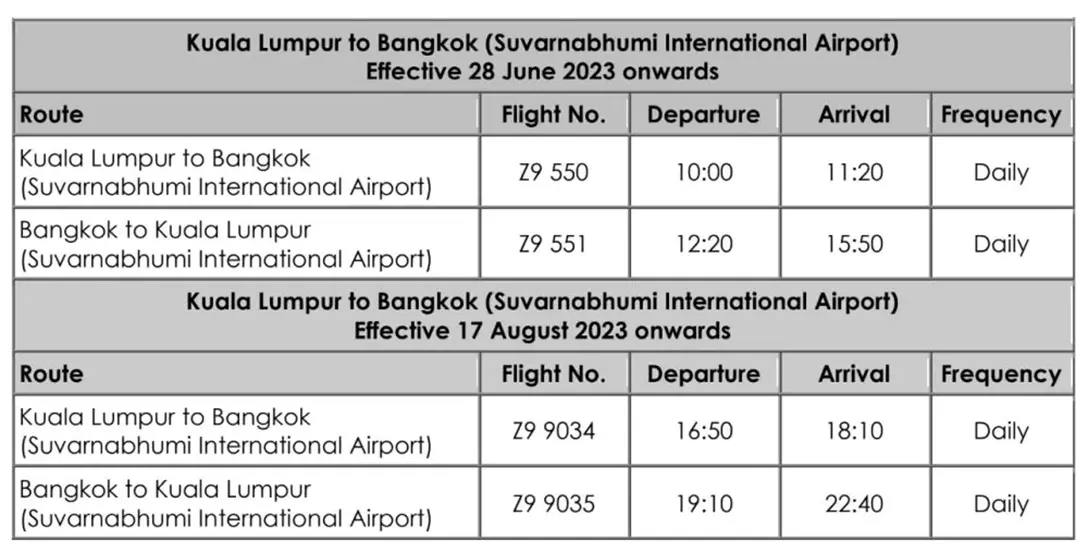 MYAirline timetable and flight schedule