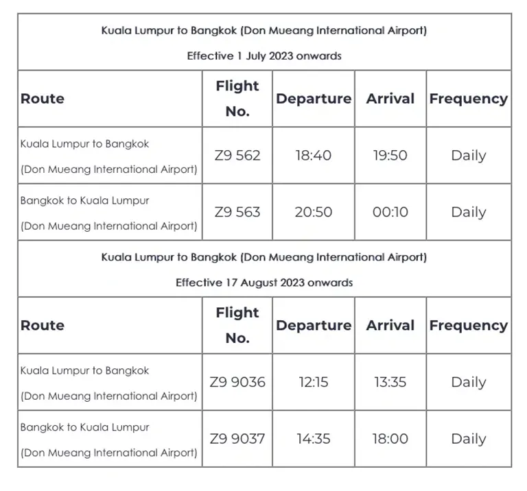 MyAirline schedule from Kuala Lumpur to Bangkok