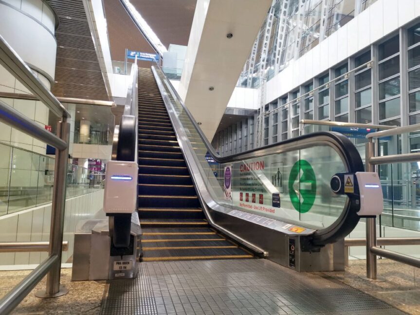 The automated handrail UV light steriliser at escalators at KLIA helps eliminate germs