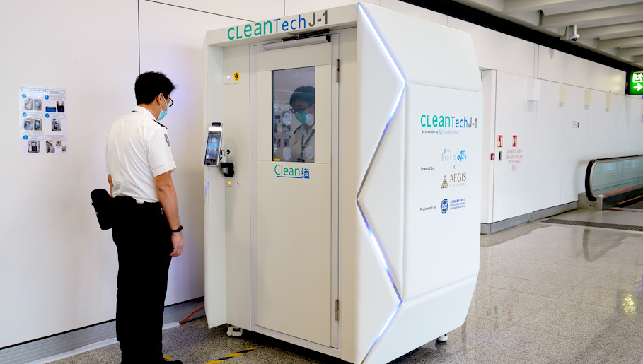 A full-body disinfecting machine that could be used to spray sanitiser on to passengers