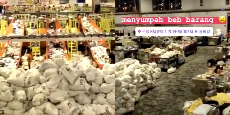 The video shows Pos Malaysia’s processing hub at KLIA filled to the brim with parcels. — Screengrabs from Facebook/Adella Mohd Noor